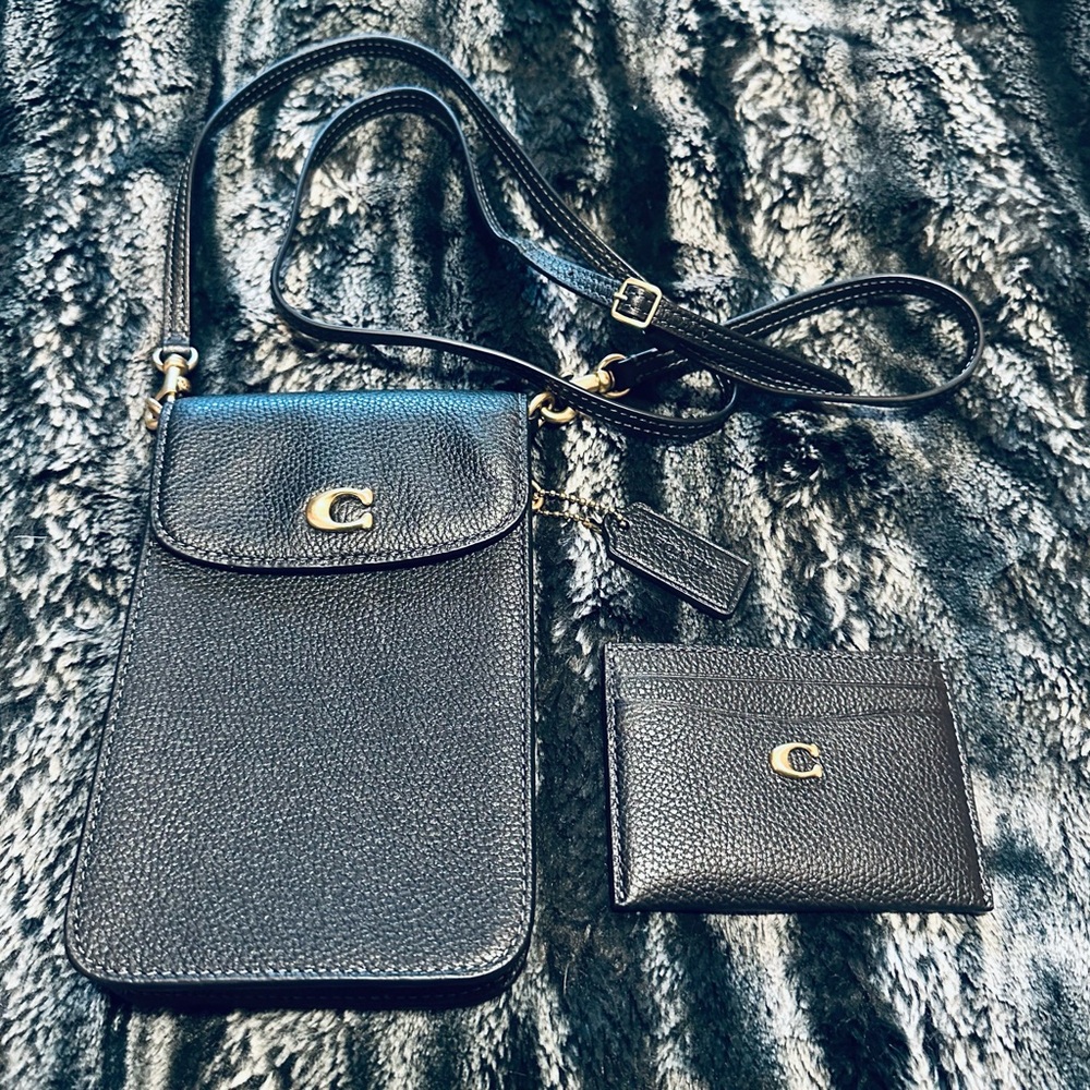 Coach Black Leather Crossbody Bag and Cardholder Set